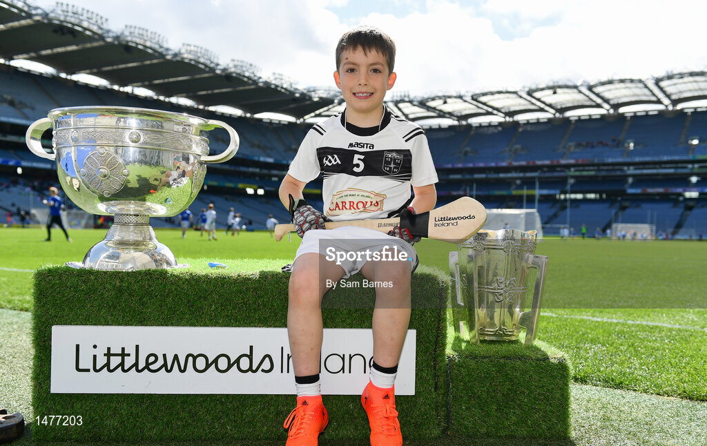 3 April 2018; Players from Clara GAA, Co Offaly, pictured with the Sam Maguire and Liam MacCarthy Trophies  during Day 1 of the The Go Games Provincial days in partnership with Littlewoods Ireland at Croke Park in Dublin. Photo by Sam Barnes/Sportsfile