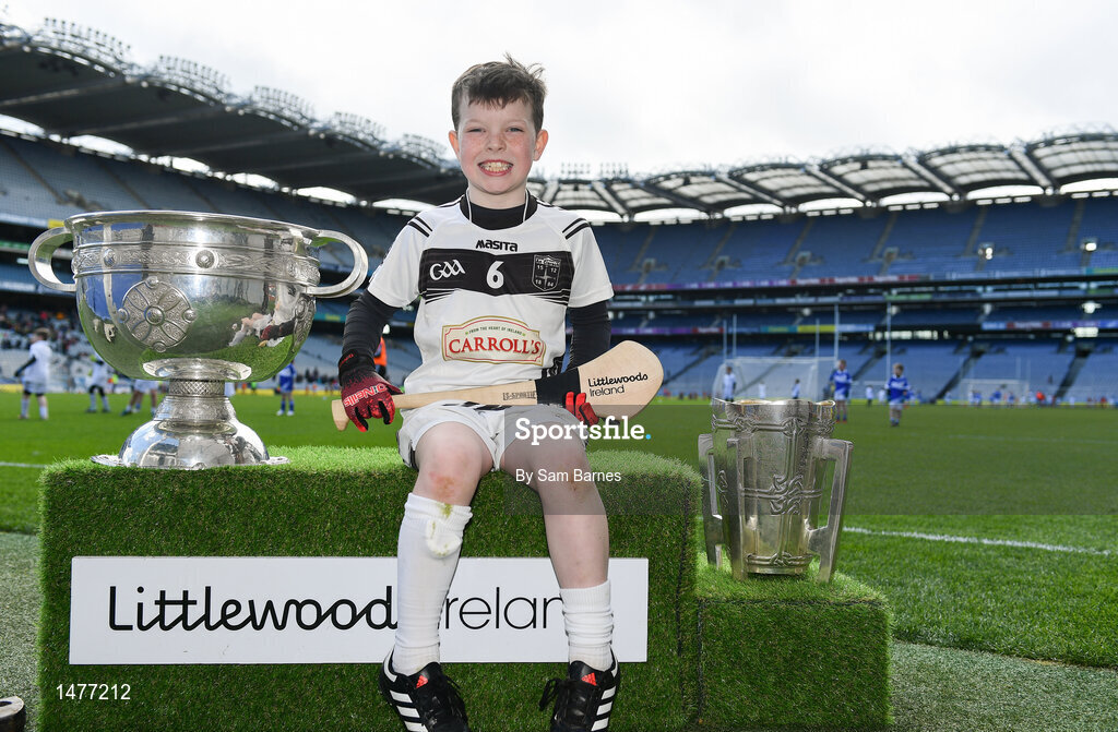 3 April 2018; Players from Clara GAA, Co Offaly, pictured with the Sam Maguire and Liam MacCarthy Trophies  during Day 1 of the The Go Games Provincial days in partnership with Littlewoods Ireland at Croke Park in Dublin. Photo by Sam Barnes/Sportsfile