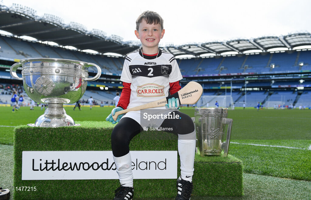 3 April 2018; Players from Clara GAA, Co Offaly, pictured with the Sam Maguire and Liam MacCarthy Trophies  during Day 1 of the The Go Games Provincial days in partnership with Littlewoods Ireland at Croke Park in Dublin. Photo by Sam Barnes/Sportsfile