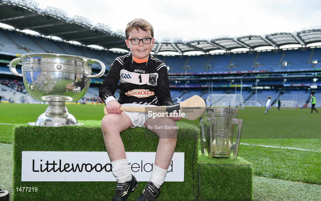 3 April 2018; Players from Clara GAA, Co Offaly, pictured with the Sam Maguire and Liam MacCarthy Trophies  during Day 1 of the The Go Games Provincial days in partnership with Littlewoods Ireland at Croke Park in Dublin. Photo by Sam Barnes/Sportsfile