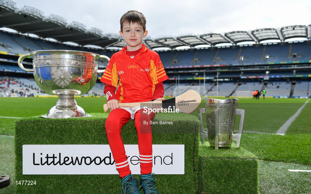 3 April 2018; Players from Horeswood GAA, Co Wexford, pictured with the Sam Maguire and Liam MacCarthy Trophies  during Day 1 of the The Go Games Provincial days in partnership with Littlewoods Ireland at Croke Park in Dublin. Photo by Sam Barnes/Sportsfile