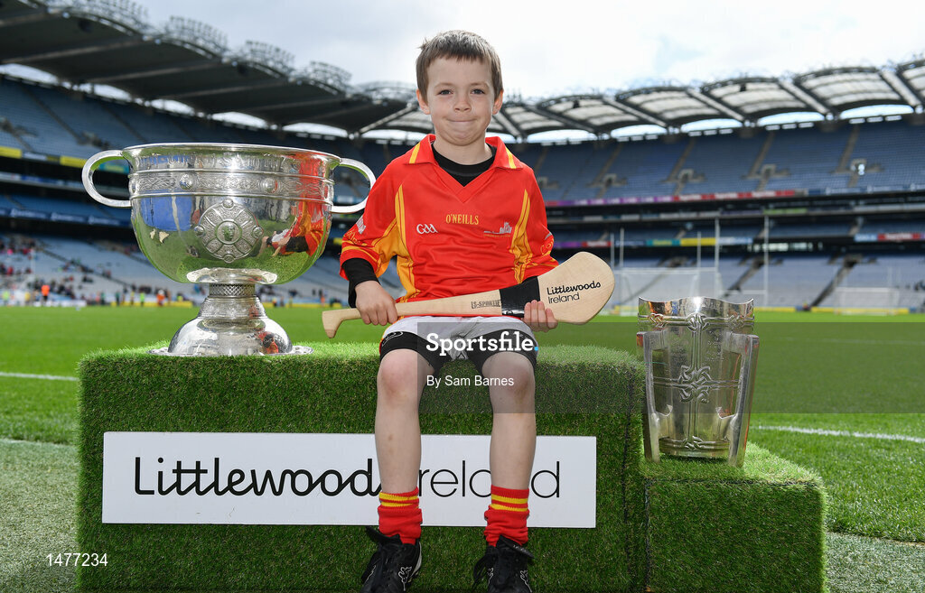 3 April 2018; Players from Horeswood GAA, Co Wexford, pictured with the Sam Maguire and Liam MacCarthy Trophies  during Day 1 of the The Go Games Provincial days in partnership with Littlewoods Ireland at Croke Park in Dublin. Photo by Sam Barnes/Sportsfile
