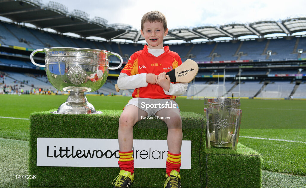 3 April 2018; Players from Horeswood GAA, Co Wexford, pictured with the Sam Maguire and Liam MacCarthy Trophies  during Day 1 of the The Go Games Provincial days in partnership with Littlewoods Ireland at Croke Park in Dublin. Photo by Sam Barnes/Sportsfile