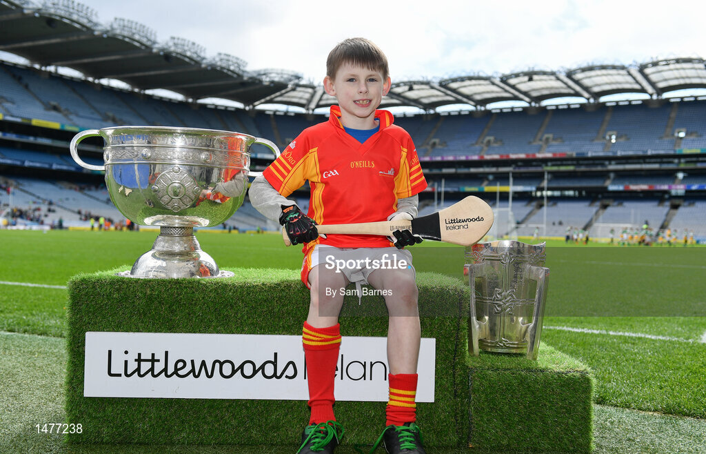 3 April 2018; Players from Horeswood GAA, Co Wexford, pictured with the Sam Maguire and Liam MacCarthy Trophies  during Day 1 of the The Go Games Provincial days in partnership with Littlewoods Ireland at Croke Park in Dublin. Photo by Sam Barnes/Sportsfile