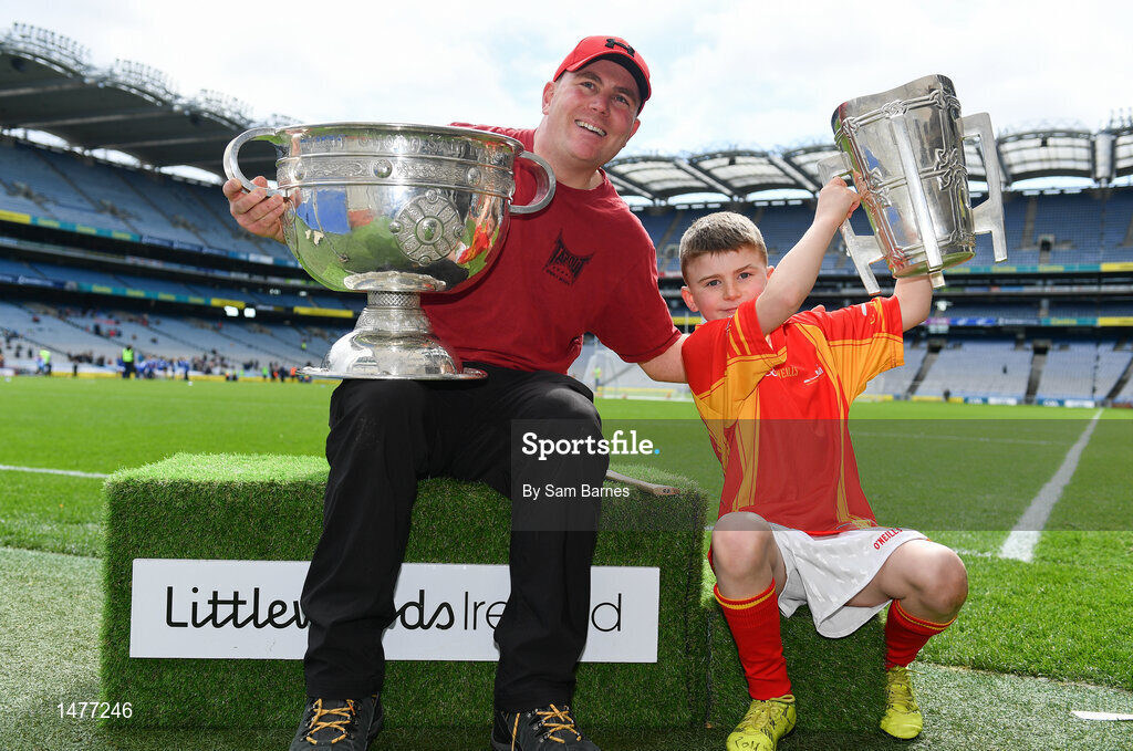 3 April 2018; Players from Horeswood GAA, Co Wexford, pictured with the Sam Maguire and Liam MacCarthy Trophies  during Day 1 of the The Go Games Provincial days in partnership with Littlewoods Ireland at Croke Park in Dublin. Photo by Sam Barnes/Sportsfile