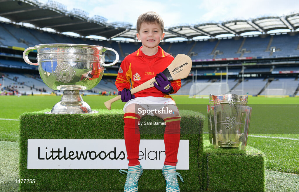 3 April 2018; Players from Horeswood GAA, Co Wexford, pictured with the Sam Maguire and Liam MacCarthy Trophies  during Day 1 of the The Go Games Provincial days in partnership with Littlewoods Ireland at Croke Park in Dublin. Photo by Sam Barnes/Sportsfile