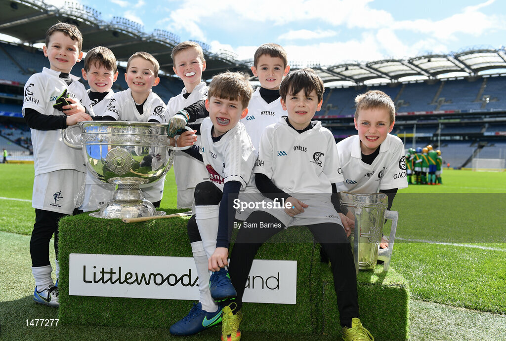 3 April 2018; Players from Clane GAA, Co Kildare, pictured with the Sam Maguire and Liam MacCarthy Trophies  during Day 1 of the The Go Games Provincial days in partnership with Littlewoods Ireland at Croke Park in Dublin. Photo by Sam Barnes/Sportsfile