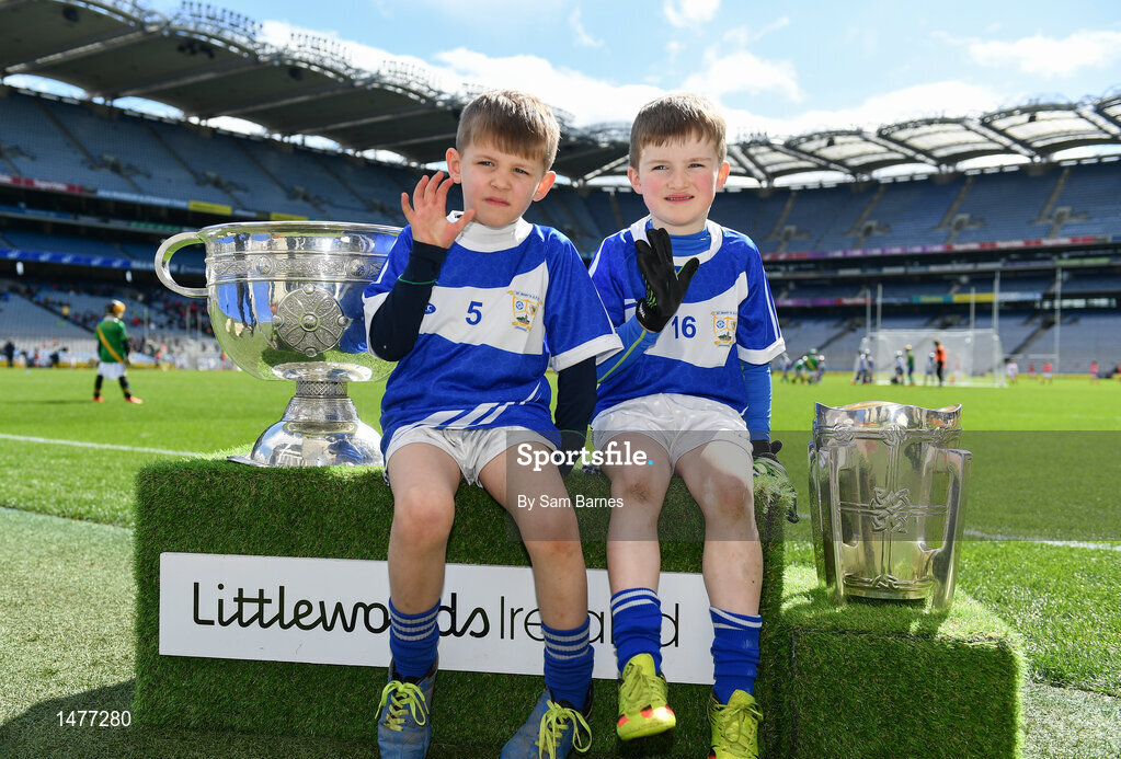 3 April 2018; Players from Granard/ Ballymore GAA, Co Longford, pictured with the Sam Maguire and Liam MacCarthy Trophies  during Day 1 of the The Go Games Provincial days in partnership with Littlewoods Ireland at Croke Park in Dublin. Photo by Sam Barnes/Sportsfile