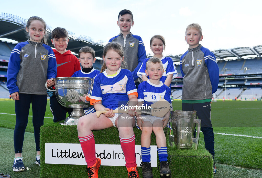 3 April 2018; Players from Granard/ Ballymore GAA, Co Longford, pictured with the Sam Maguire and Liam MacCarthy Trophies  during Day 1 of the The Go Games Provincial days in partnership with Littlewoods Ireland at Croke Park in Dublin. Photo by Sam Barnes/Sportsfile
