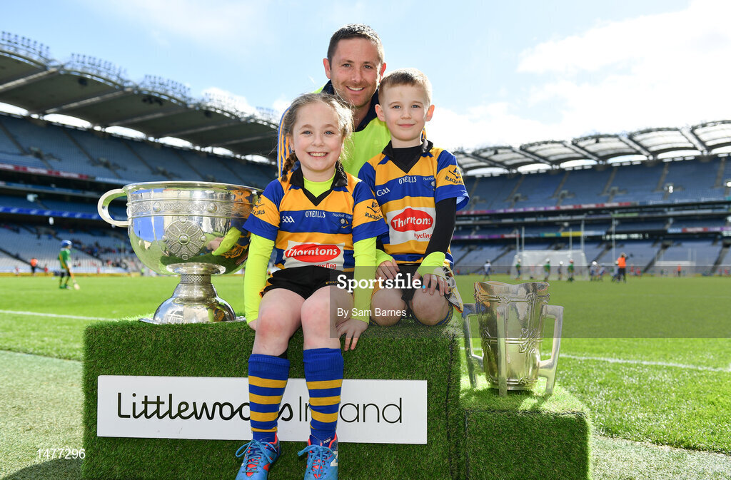 3 April 2018; Players from Blackhall Gaels, Co Meath, pictured with the Sam Maguire and Liam MacCarthy Trophies  during Day 1 of the The Go Games Provincial days in partnership with Littlewoods Ireland at Croke Park in Dublin. Photo by Sam Barnes/Sportsfile