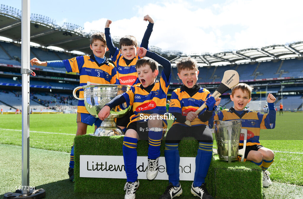 3 April 2018; Players from Blackhall Gaels, Co Meath, pictured with the Sam Maguire and Liam MacCarthy Trophies  during Day 1 of the The Go Games Provincial days in partnership with Littlewoods Ireland at Croke Park in Dublin. Photo by Sam Barnes/Sportsfile