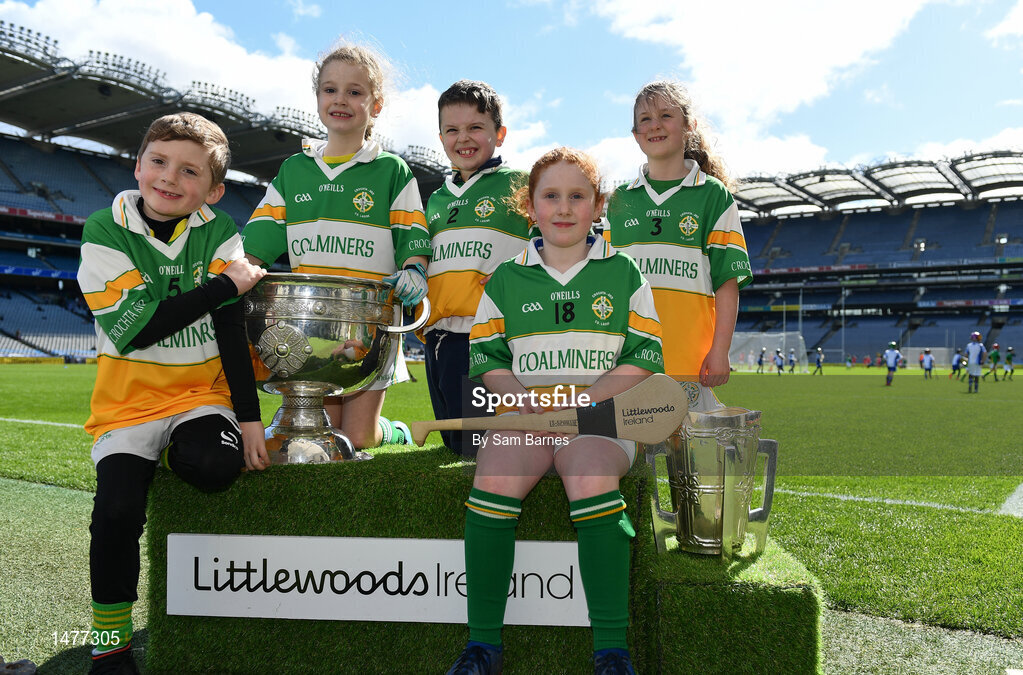 3 April 2018; Players from Crettyard GAA, Co Laois, pictured with the Sam Maguire and Liam MacCarthy Trophies  during Day 1 of the The Go Games Provincial days in partnership with Littlewoods Ireland at Croke Park in Dublin. Photo by Sam Barnes/Sportsfile