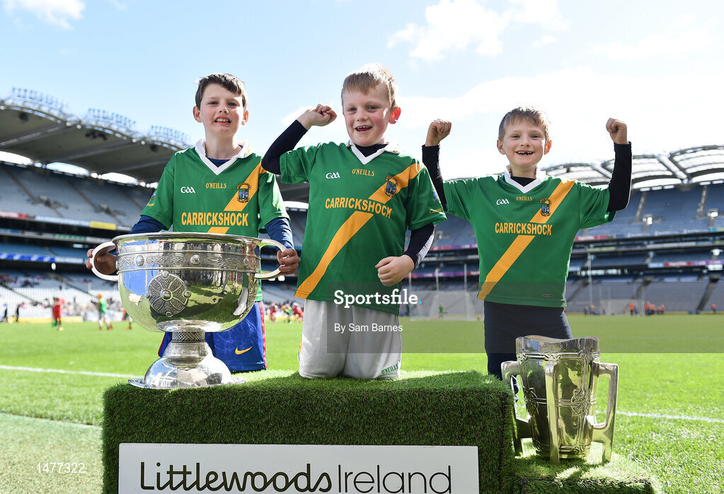 3 April 2018; Players from Carrickshock GAA, Co Kilkenny, pictured with the Sam Maguire and Liam MacCarthy Trophies  during Day 1 of the The Go Games Provincial days in partnership with Littlewoods Ireland at Croke Park in Dublin. Photo by Sam Barnes/Sportsfile