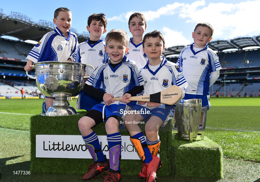 3 April 2018; Players from Craanford GAA, Co Wexford, pictured with the Sam Maguire and Liam MacCarthy Trophies  during Day 1 of the The Go Games Provincial days in partnership with Littlewoods Ireland at Croke Park in Dublin. Photo by Sam Barnes/Sportsfile