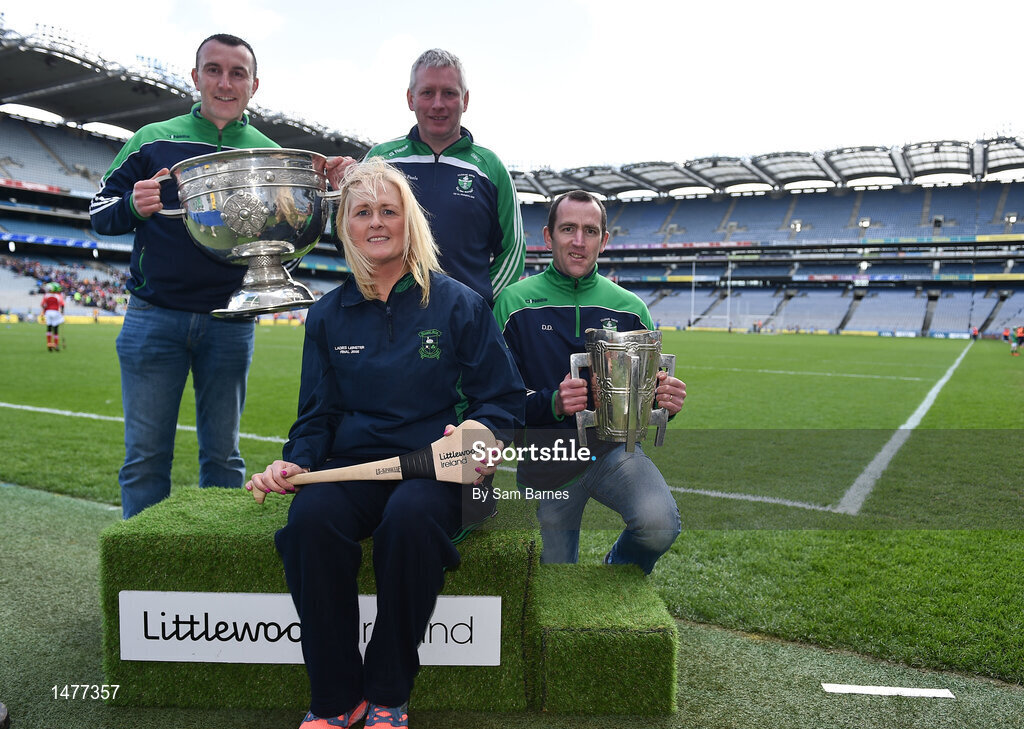 3 April 2018; Players from Clongish GAA, Co Longford, pictured with the Sam Maguire and Liam MacCarthy Trophies during Day 1 of the The Go Games Provincial days in partnership with Littlewoods Ireland at Croke Park in Dublin. Photo by Sam Barnes/Sportsfile