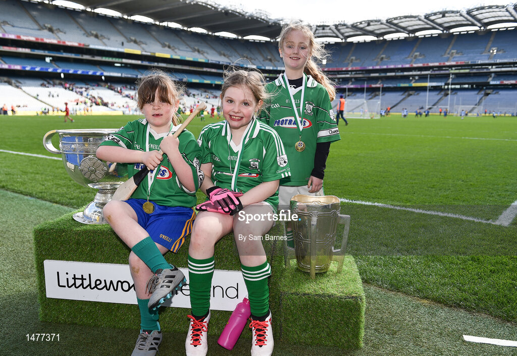 3 April 2018; Players from Clongish GAA, Co Longford, pictured with the Sam Maguire and Liam MacCarthy Trophies during Day 1 of the The Go Games Provincial days in partnership with Littlewoods Ireland at Croke Park in Dublin. Photo by Sam Barnes/Sportsfile