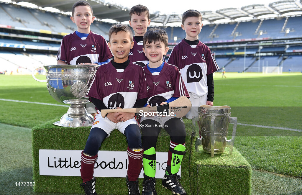 3 April 2018; Players from Delvin GAA, Co Westmeath, pictured with the Sam Maguire and Liam MacCarthy Trophies during Day 1 of the The Go Games Provincial days in partnership with Littlewoods Ireland at Croke Park in Dublin. Photo by Sam Barnes/Sportsfile