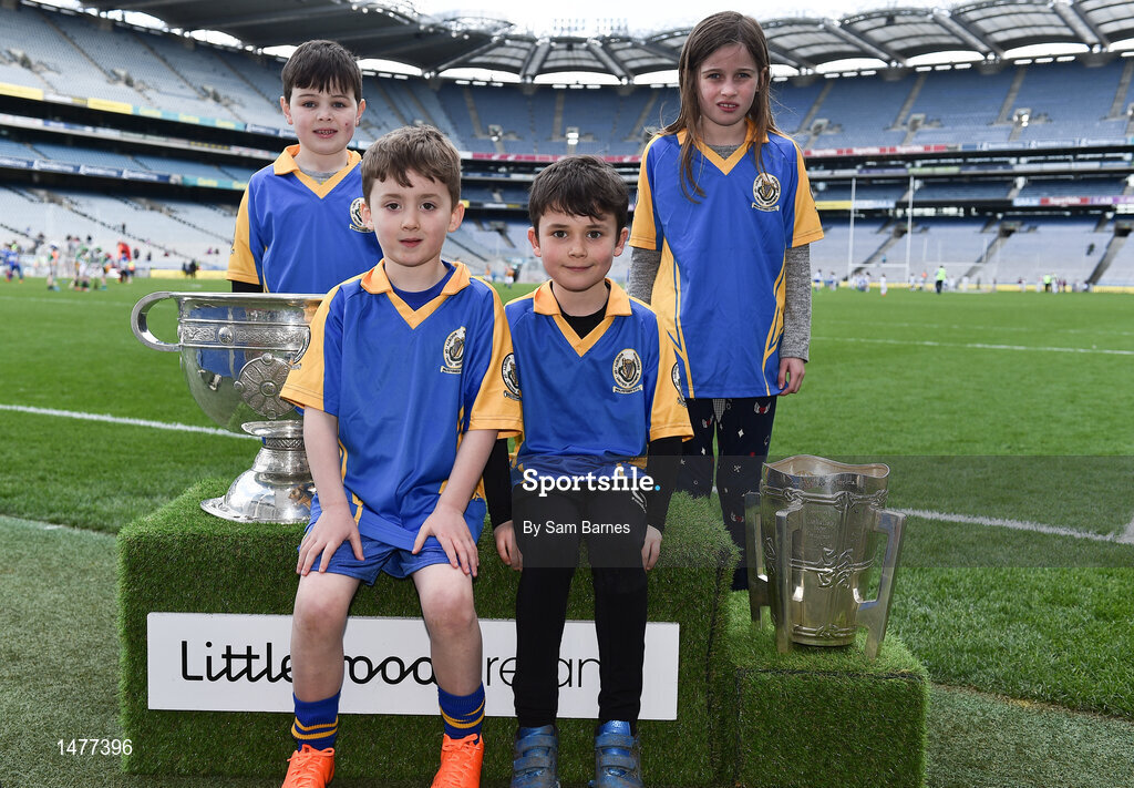 3 April 2018; Players from Wolfetones GAA in Drogheda, Co Louth, pictured with the Sam Maguire and Liam MacCarthy Trophies during Day 1 of the The Go Games Provincial days in partnership with Littlewoods Ireland at Croke Park in Dublin. Photo by Sam Barnes/Sportsfile