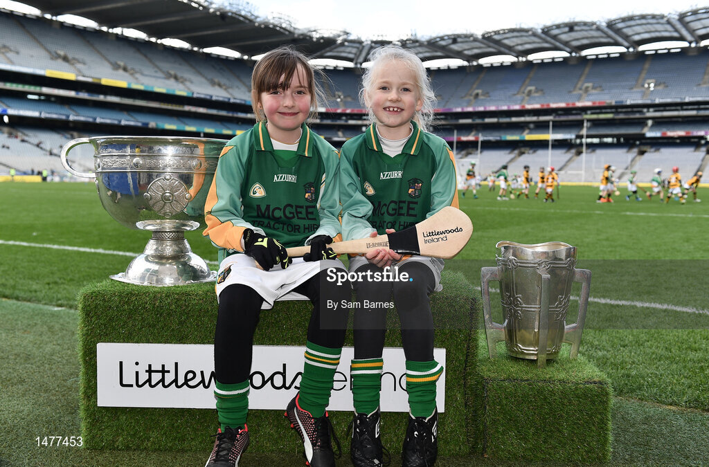 3 April 2018; Players from Naomh Fionnbarra GAA, CO Louth, pictured with the Sam Maguire and Liam MacCarthy Trophies during Day 1 of the The Go Games Provincial days in partnership with Littlewoods Ireland at Croke Park in Dublin. Photo by Sam Barnes/Sportsfile