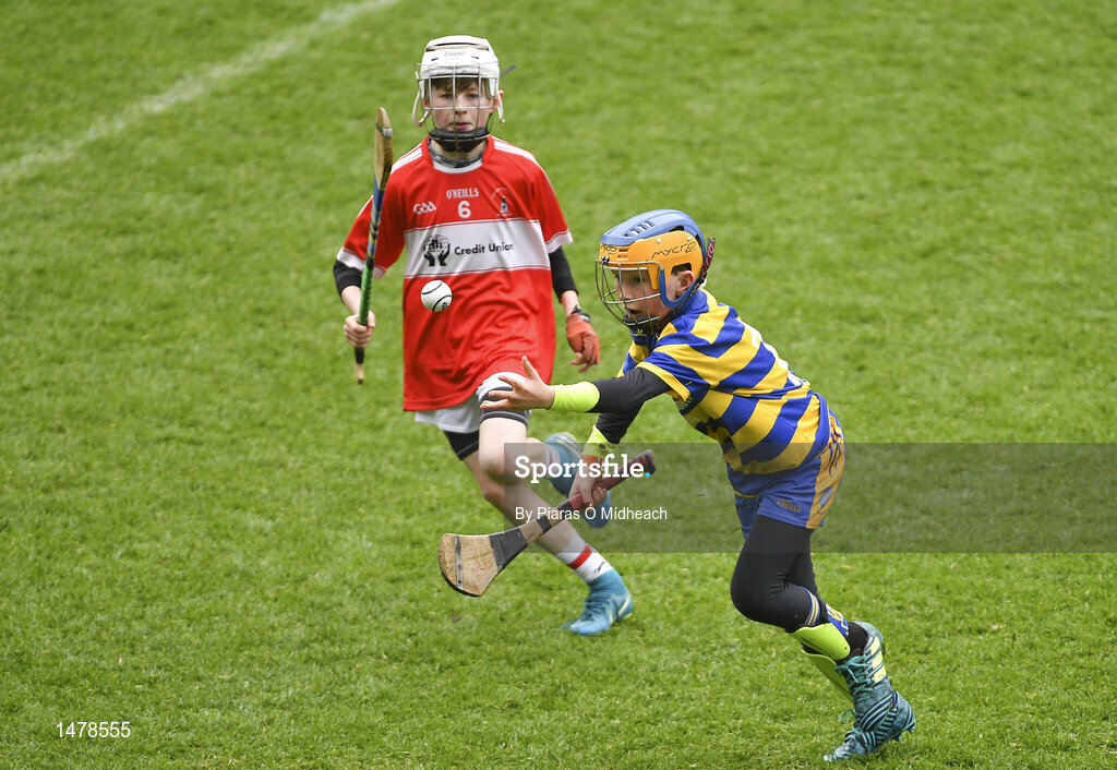 6 April 2018; Christian Cummins of Ruadhán, Co Clare, right, in action against Conor O'Shea of Carrick Davins, Co Tipperary, during Day 4 of the The Go Games Provincial days in partnership with Littlewoods Ireland at Croke Park in Dublin. Photo by Piaras Ó Mídheach/Sportsfile