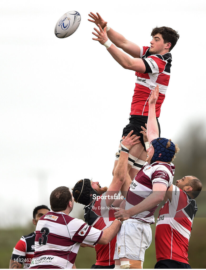 15 April 2018; George Naoupu of Wicklow in action against Frank Murphy of Tullow during the Bank of Ireland Provincial Towns Cup Semi-Final match between Tullow RFC and Wicklow RFC at Cill Dara RFC in Kildare. Photo by Eóin Noonan/Sportsfile