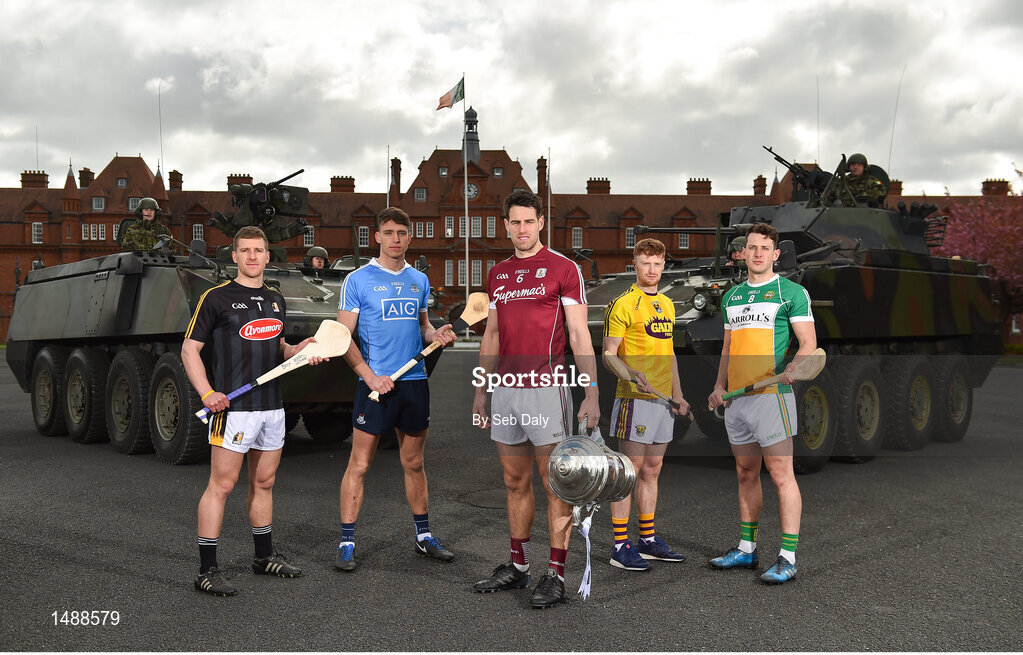 26 April 2018; In attendance at the Leinster GAA Senior Hurling Championship 2018 Launch are, from left, Eoin Murphy of Kilkenny, Chris Crummy of Dublin, Gearóid McInerney of Galway, David Dunne of Wexford, and David King of Offaly, at McKee Barracks in Cabra, Dublin. Photo by Seb Daly/Sportsfile