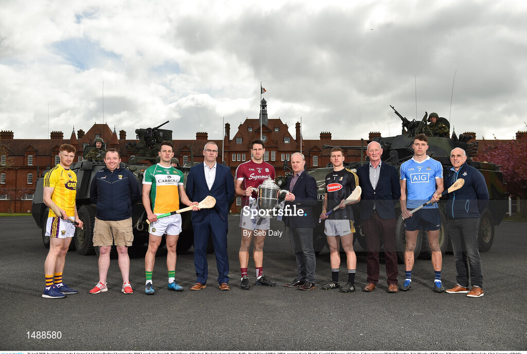 26 April 2018; In attendance at the Leinster GAA Senior Hurling Championship 2018 Launch are, from left, David Dunne of Wexford, Wexford selector Seoirse Bulfin, David King of Offaly, Offaly manager Kevin Martin, Gearóid McInerney of Galway, Galway manager Mícheál Donoghue, Eoin Murphy of Kilkenny, Kilkenny manager Brian Cody, Chris Crummy of Dublin, Dublin selector Anthony Cunningham, at McKee Barracks in Cabra, Dublin. Photo by Seb Daly/Sportsfile