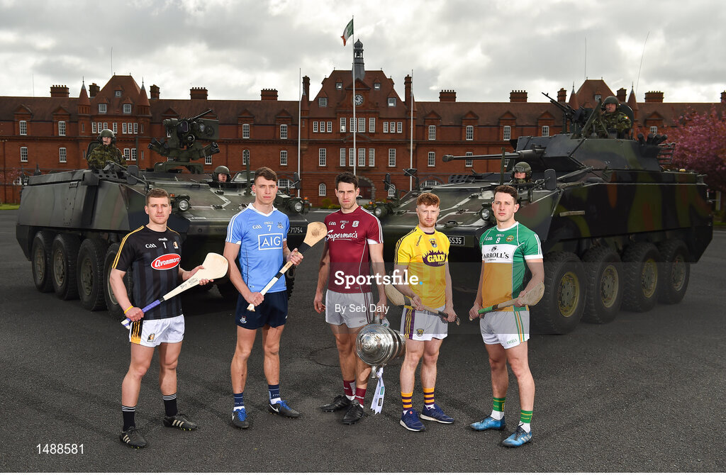 26 April 2018; In attendance at the Leinster GAA Senior Hurling Championship 2018 Launch are, from left, Eoin Murphy of Kilkenny, Chris Crummy of Dublin, Gearóid McInerney of Galway, David Dunne of Wexford, and David King of Offaly, at McKee Barracks in Cabra, Dublin. Photo by Seb Daly/Sportsfile