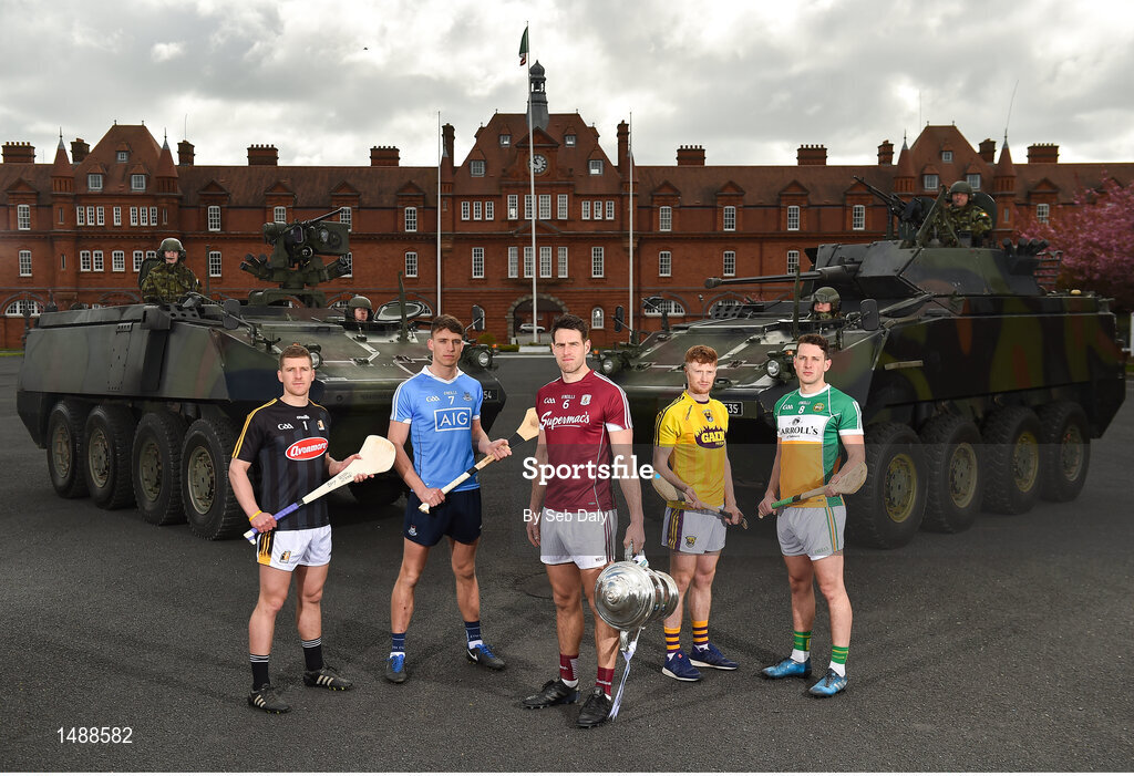 26 April 2018; In attendance at the Leinster GAA Senior Hurling Championship 2018 Launch are, from left, Eoin Murphy of Kilkenny, Chris Crummy of Dublin, Gearóid McInerney of Galway, David Dunne of Wexford, and David King of Offaly, at McKee Barracks in Cabra, Dublin. Photo by Seb Daly/Sportsfile