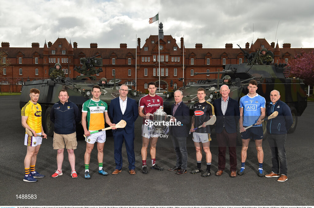 26 April 2018; In attendance at the Leinster GAA Senior Hurling Championship 2018 Launch are, from left, David Dunne of Wexford, Wexford selector Seoirse Bulfin, David King of Offaly, Offaly manager Kevin Martin, Gearóid McInerney of Galway, Galway manager Mícheál Donoghue, Eoin Murphy of Kilkenny, Kilkenny manager Brian Cody, Chris Crummy of Dublin, Dublin selector Anthony Cunningham, at McKee Barracks in Cabra, Dublin. Photo by Seb Daly/Sportsfile