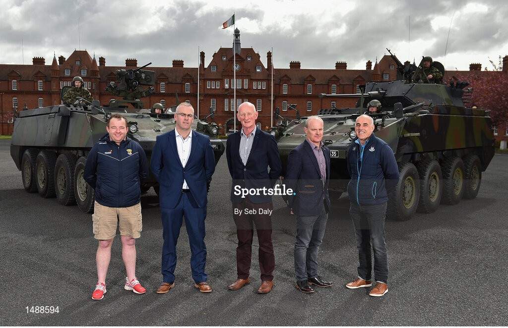 26 April 2018; In attendance at the Leinster GAA Senior Hurling Championship 2018 Launch are, from left, Wexford selector Seoirse Bulfin, Offaly manager Kevin Martin, Kilkenny manager Brian Cody, Galway manager Mícheál Donoghue and Dublin selector Anthony Cunningham, at McKee Barracks in Cabra, Dublin. Photo by Seb Daly/Sportsfile