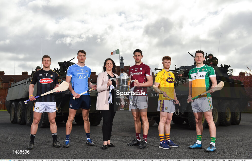 26 April 2018; In attendance at the Leinster GAA Senior Hurling Championship 2018 Launch are, from left, Eoin Murphy of Kilkenny, Chris Crummy of Dublin, Sorcha Fennell Sheehan, Sponsorship Programme Manager for Bord Gáis Energy, Gearóid McInerney of Galway, David Dunne of Wexford, and David King of Offaly, at McKee Barracks in Cabra, Dublin. Photo by Seb Daly/Sportsfile