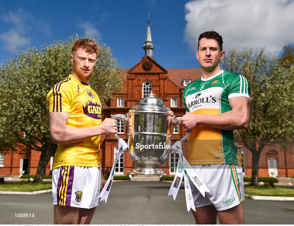 26 April 2018; David Dunne of Wexford, left, and David King of Offaly, in attendance at the Leinster GAA Senior Hurling Championship 2018 Launch, at McKee Barracks in Cabra, Dublin. Photo by Seb Daly/Sportsfile