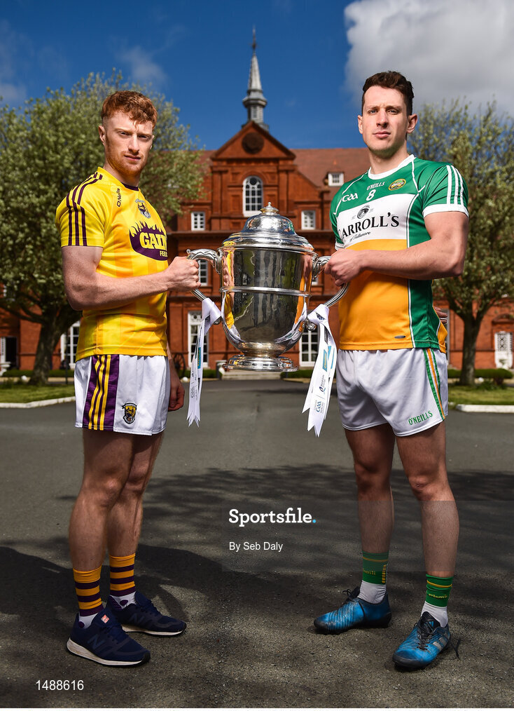 26 April 2018; David Dunne of Wexford, left, and David King of Offaly, in attendance at the Leinster GAA Senior Hurling Championship 2018 Launch, at McKee Barracks in Cabra, Dublin. Photo by Seb Daly/Sportsfile