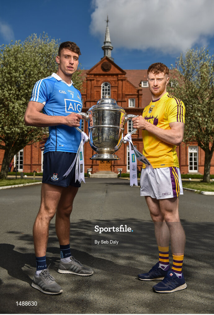 26 April 2018; Chris Crummy of Dublin, left, and David Dunne of Wexford in attendance at the Leinster GAA Senior Hurling Championship 2018 Launch, at McKee Barracks in Cabra, Dublin. Photo by Seb Daly/Sportsfile