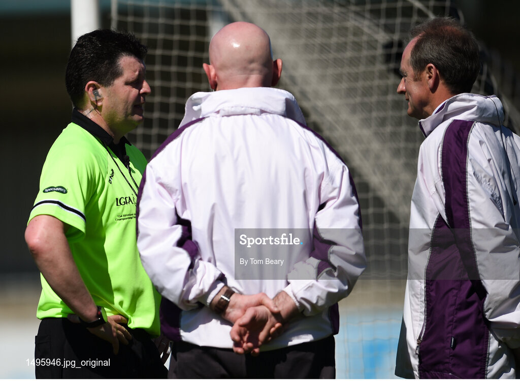 6 May 2018; Referee Stephen McNulty consults with his Umpire's before deciding to overturn his original decision to award a penalty during the Lidl Ladies Football National League Division 2 Final match between Cavan and Tipperary at Parnell Park in Dublin. Photo by Tom Beary/Sportsfile