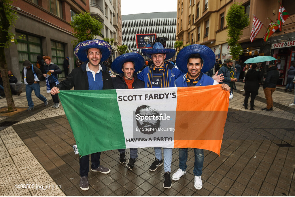 12 May 2018; Leinster supporters, from left, Lorcan Clarke, Matthew langton, Chris Lee and Gurj Sandhu prior to the European Rugby Champions Cup Final match between Leinster and Racing 92 at the San Mames Stadium in Bilbao, Spain. Photo by Stephen McCarthy/Sportsfile