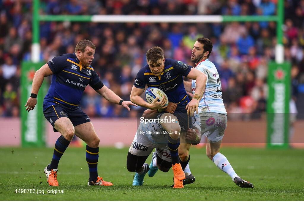 12 May 2018; Robbie Henshaw with the support of Sean Cronin of Leinster is tackled by Census Johnston and Remi Tales of Racing 92, right, during the European Rugby Champions Cup Final match between Leinster and Racing 92 at the San Mames Stadium in Bilbao, Spain. Photo by Stephen McCarthy/Sportsfile