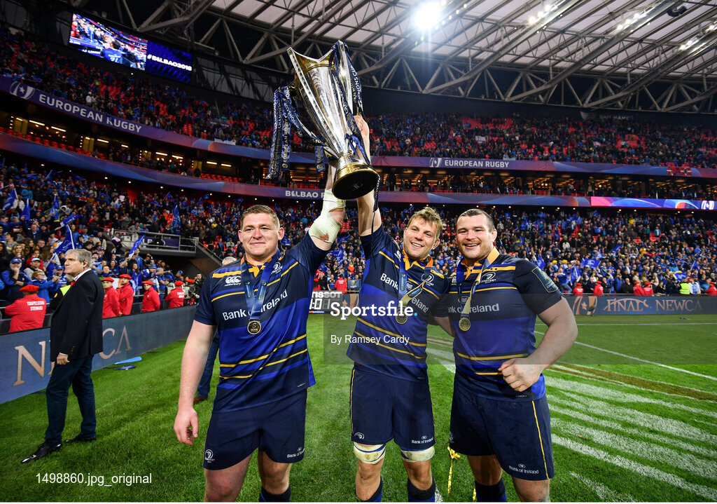 12 May 2018; Leinster players, from left, Tadhg Furlong, Jordi Murphy and Luke McGrath celebrate with the cup following the European Rugby Champions Cup Final match between Leinster and Racing 92 at the San Mames Stadium in Bilbao, Spain. Photo by Ramsey Cardy/Sportsfile