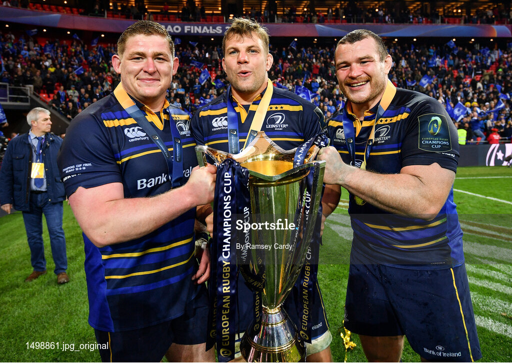 12 May 2018; Leinster players, from left, Tadhg Furlong, Jordi Murphy and Luke McGrath celebrate with the cup following the European Rugby Champions Cup Final match between Leinster and Racing 92 at the San Mames Stadium in Bilbao, Spain. Photo by Ramsey Cardy/Sportsfile