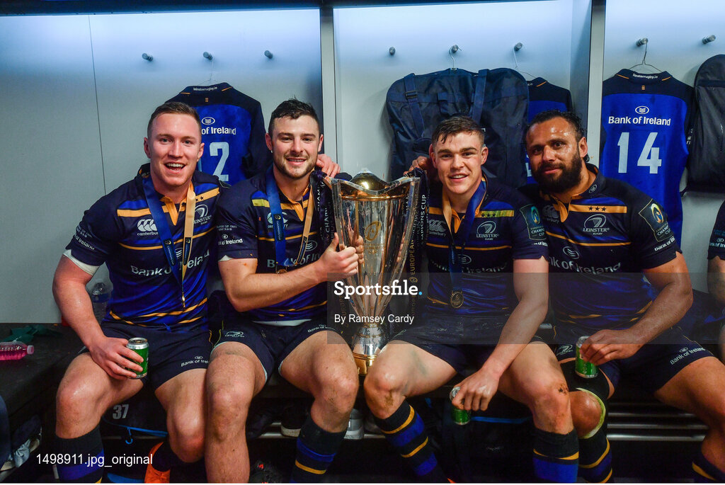 12 May 2018; From left, Rory O'Loughlin with Robbie Henshaw, Garry Ringrose and Isa Nacewa celebrate with the cup in the dressing room after the European Rugby Champions Cup Final match between Leinster and Racing 92 at the San Mames Stadium in Bilbao, Spain. Photo by Ramsey Cardy/Sportsfile