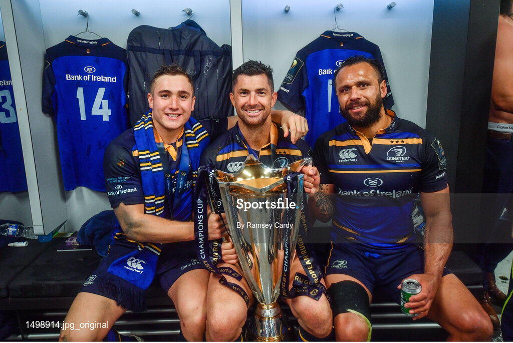 12 May 2018; From left, Rory O'Loughlin Rob Kearney and Isa Nacewa celebrate with the cup in the dressing room after the European Rugby Champions Cup Final match between Leinster and Racing 92 at the San Mames Stadium in Bilbao, Spain. Photo by Ramsey Cardy/Sportsfile