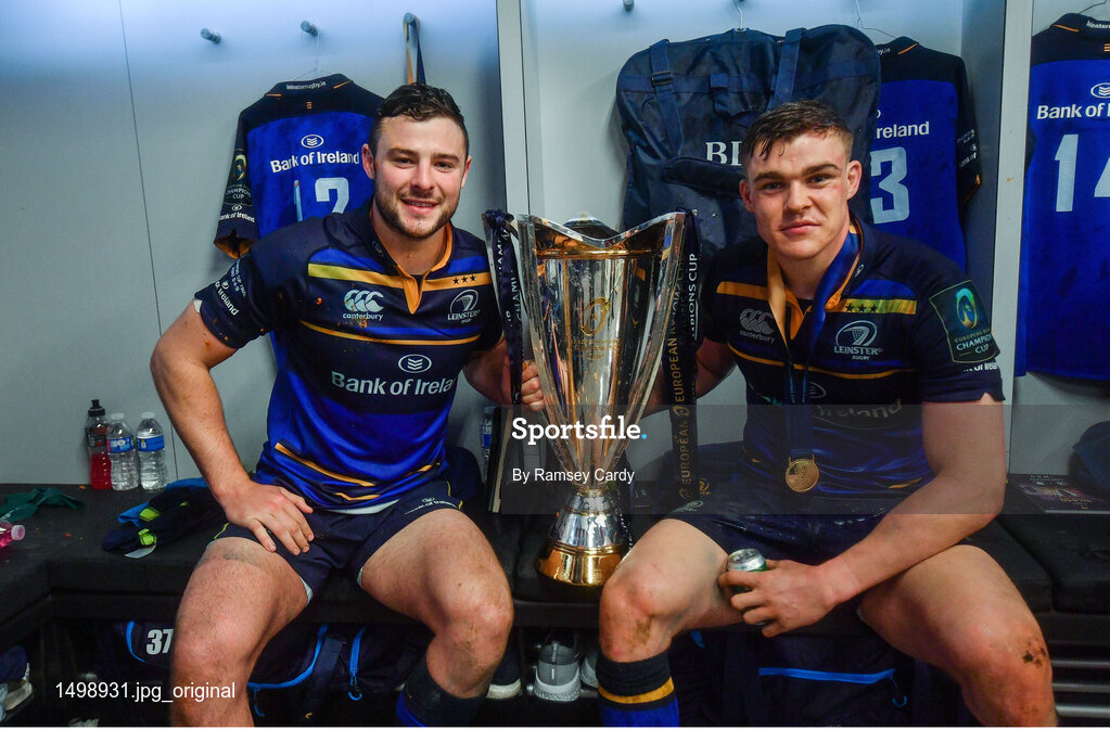 12 May 2018; Robbie Henshaw, left, and Garry Ringrose celebrate with the cup in the dressing room after the European Rugby Champions Cup Final match between Leinster and Racing 92 at the San Mames Stadium in Bilbao, Spain. Photo by Ramsey Cardy/Sportsfile