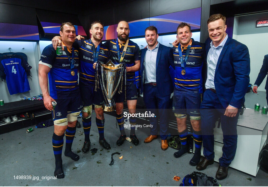 12 May 2018; From left, Rhys Ruddock with Jack Conan, Scott Fardy, Sean O'Brien, Jordi Murphy and Josh van der Flier celebrate with the cup in the dressing room after the European Rugby Champions Cup Final match between Leinster and Racing 92 at the San Mames Stadium in Bilbao, Spain. Photo by Ramsey Cardy/Sportsfile