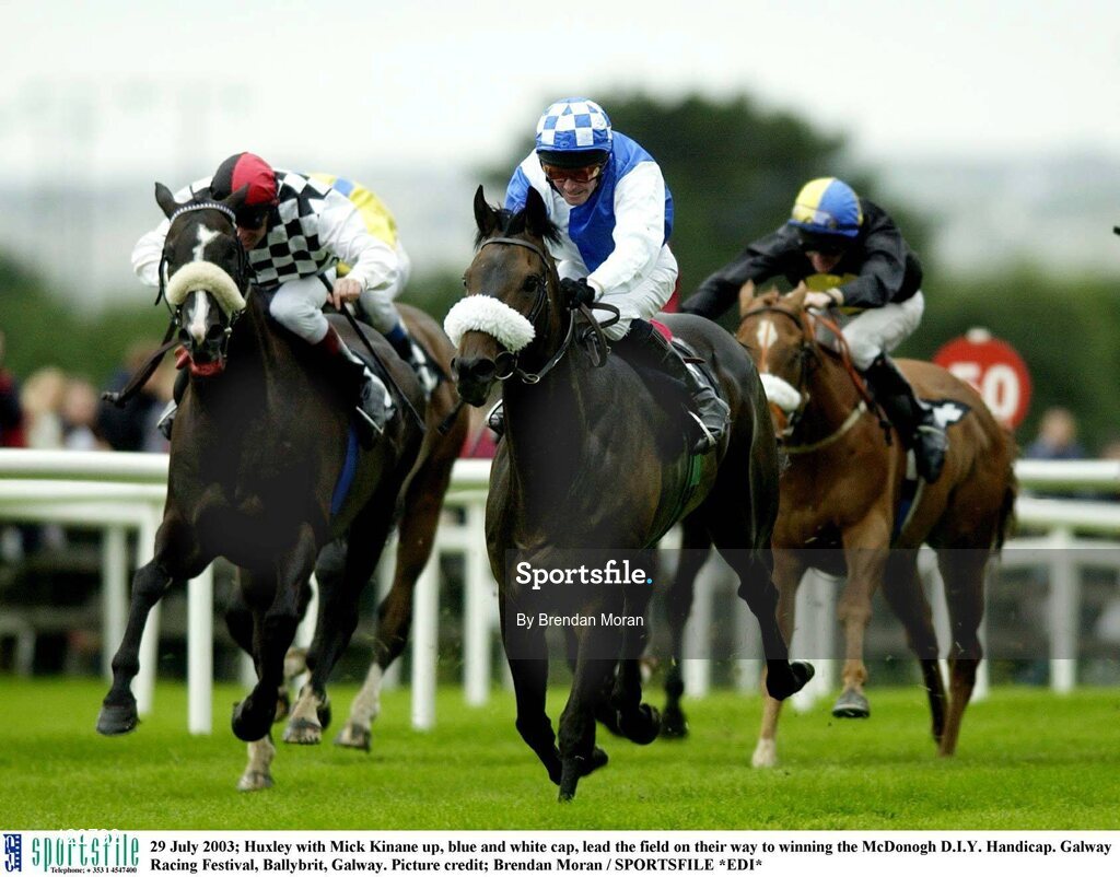 29 July 2003; Huxley with Mick Kinane up, blue and white cap, lead the field on their way to winning the McDonogh D.I.Y. Handicap. Galway Racing Festival, Ballybrit, Galway. Picture credit; Brendan Moran / SPORTSFILE *EDI*