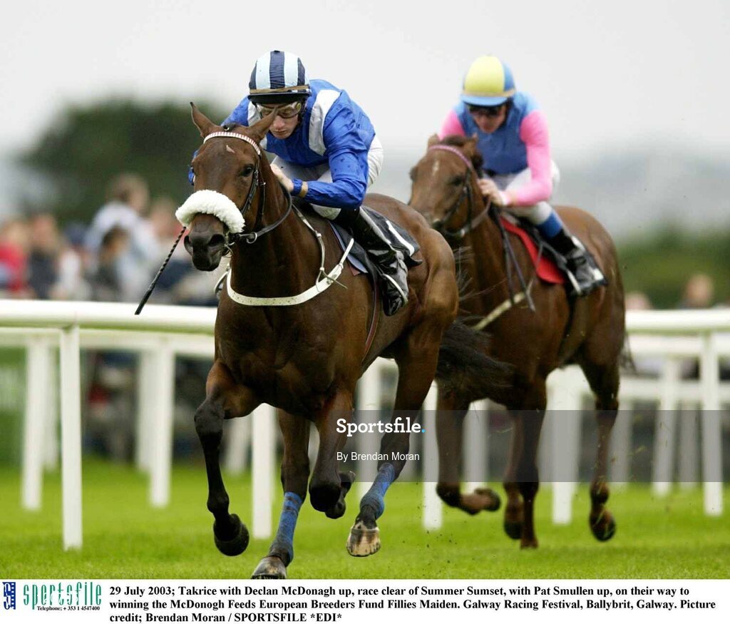 29 July 2003; Takrice with Declan McDonagh up, race clear of Summer Sumset, with Pat Smullen up, on their way to winning the McDonogh Feeds European Breeders Fund Fillies Maiden. Galway Racing Festival, Ballybrit, Galway. Picture credit; Brendan Moran / SPORTSFILE *EDI*