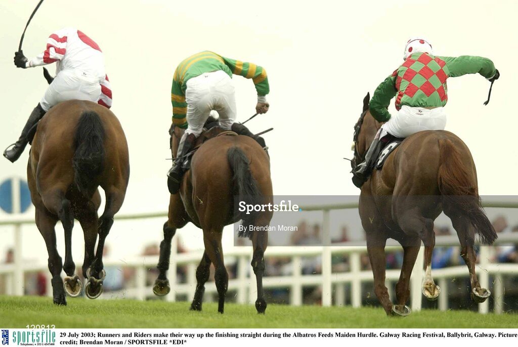 29 July 2003; Runners and Riders make their way up the finishing straight during the Albatros Feeds Maiden Hurdle. Galway Racing Festival, Ballybrit, Galway. Picture credit; Brendan Moran / SPORTSFILE *EDI*