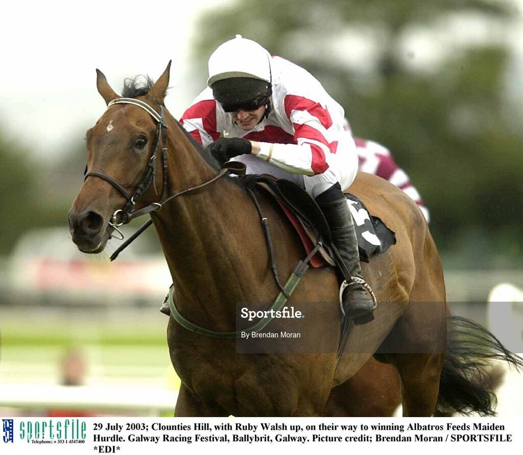 29 July 2003; Clounties Hill, with Ruby Walsh up, on their way to winning Albatros Feeds Maiden Hurdle. Galway Racing Festival, Ballybrit, Galway. Picture credit; Brendan Moran / SPORTSFILE *EDI*