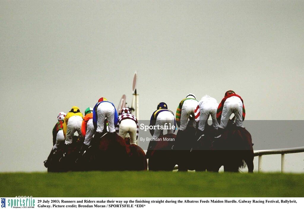 29 July 2003; Runners and Riders make their way up the finishing straight during the Albatros Feeds Maiden Hurdle. Galway Racing Festival, Ballybrit, Galway. Picture credit; Brendan Moran / SPORTSFILE *EDI*