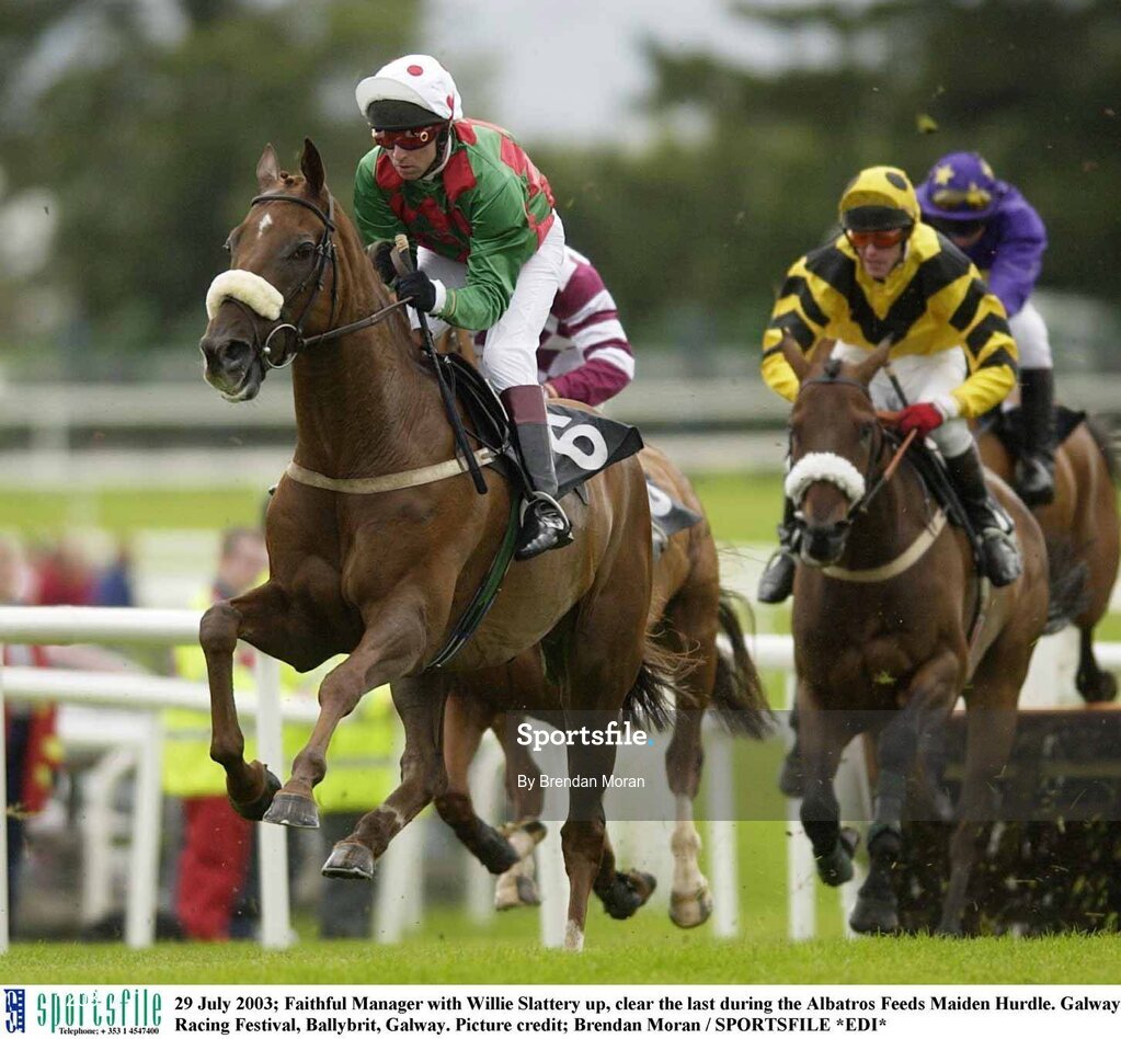 29 July 2003; Faithful Manager with Willie Slattery up, clear the last during the Albatros Feeds Maiden Hurdle. Galway Racing Festival, Ballybrit, Galway. Picture credit; Brendan Moran / SPORTSFILE *EDI*